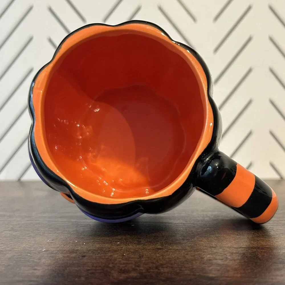 Cracker Barrel Black Cat Pumpkin Shaped Ceramic Mug 16oz Halloween Themed